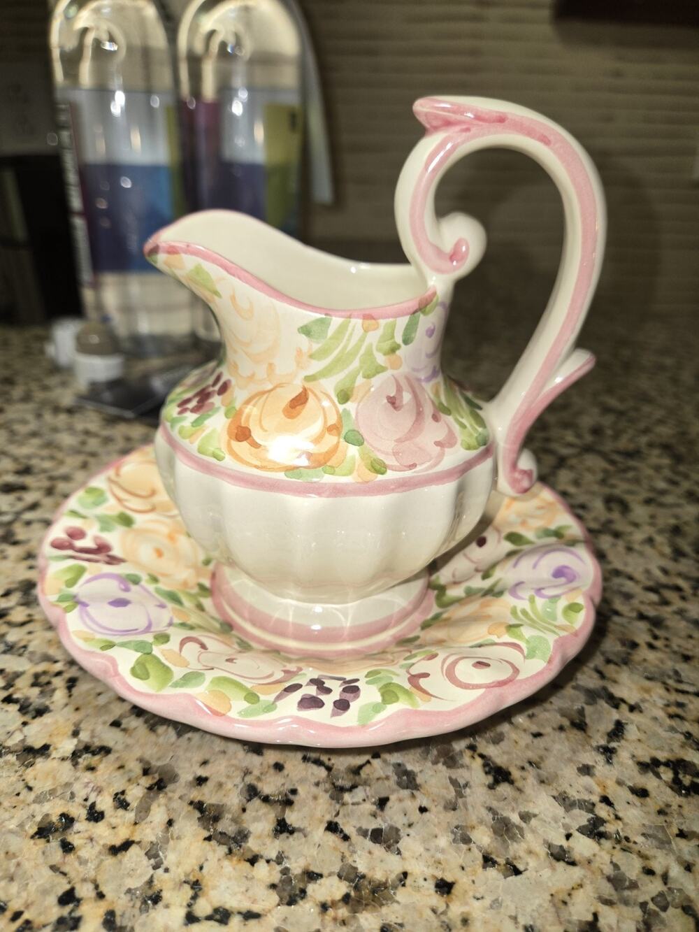Vintage Alcobaca Portugal Hand Painted Creamer Pitcher w/ Underplate Saucer Vest